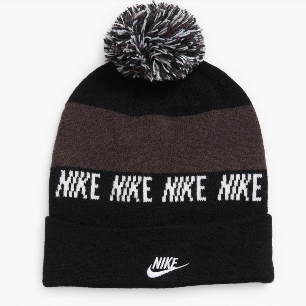 Nike Black and Gray Knit Beanie with Pom
